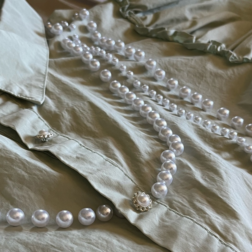 POL Mint Poplin Pearl Puff Short Sleeve Button Down Blouse - Picture 7 of 10